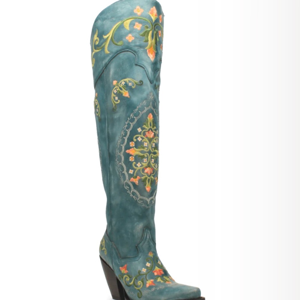 Dan Post Blue and Green Heeled Boots with Ornate Design